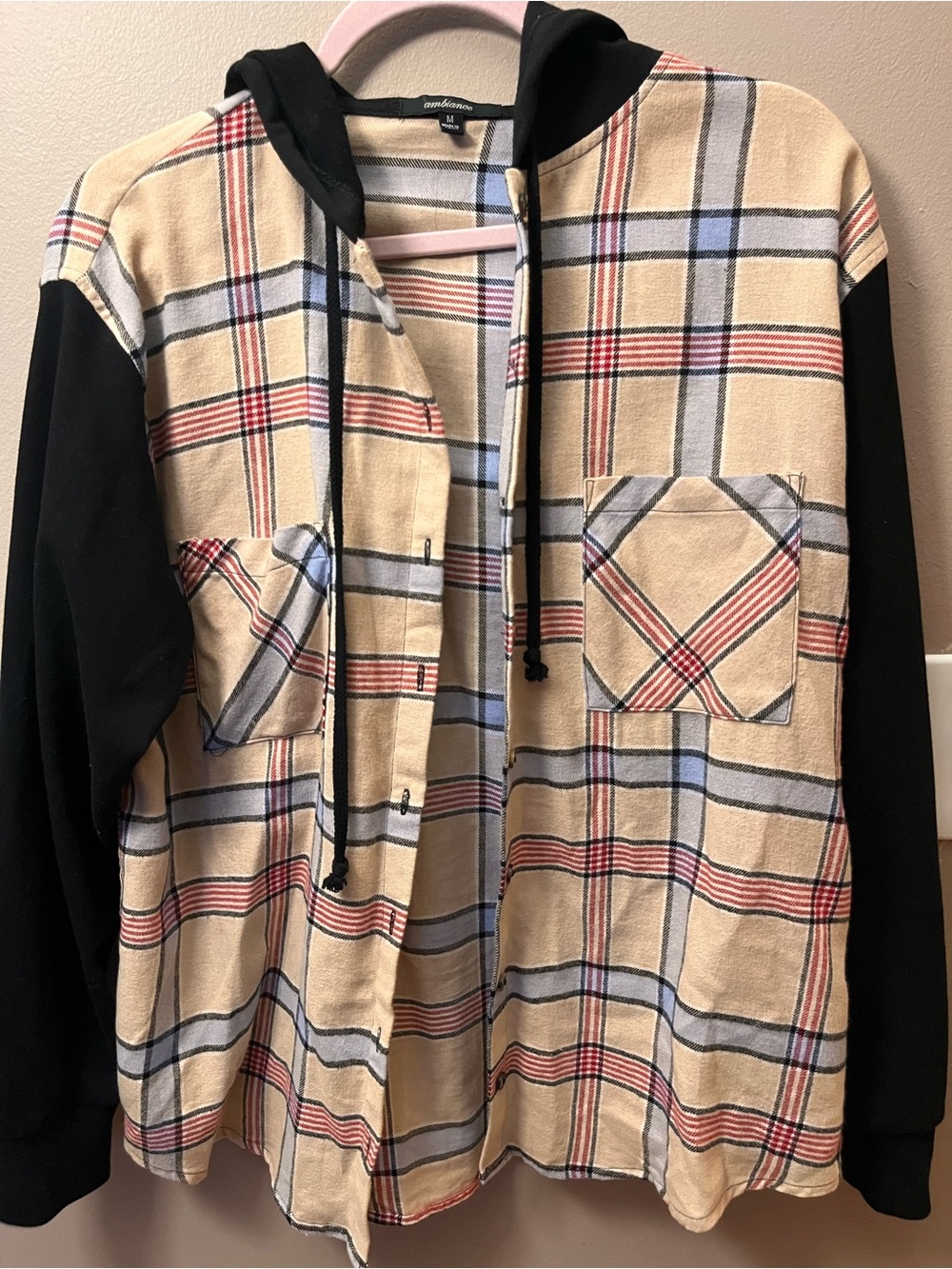 Woman’s Beige Plaid Button-Down Shirt Jacket with Black Hood